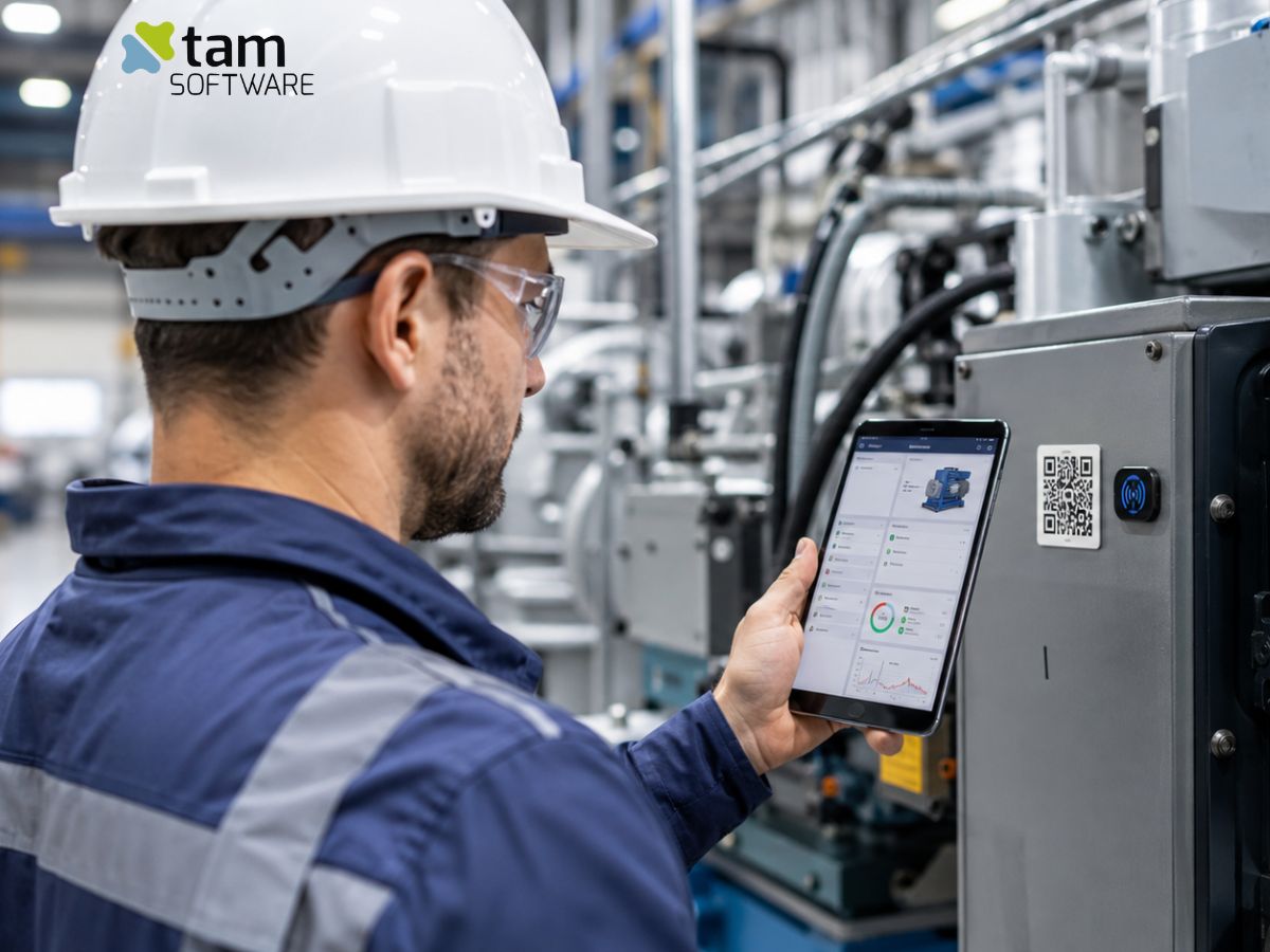 Tecnico manutenzione scansiona QR code su impianto industriale con smartphone collegato al CMMS MIG